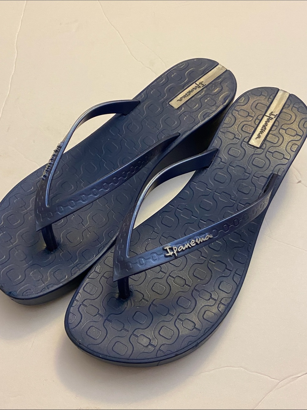 Ipanema Navy Blue Logo Strap Wedge Rubber Flip Flops sz 9 Brazil